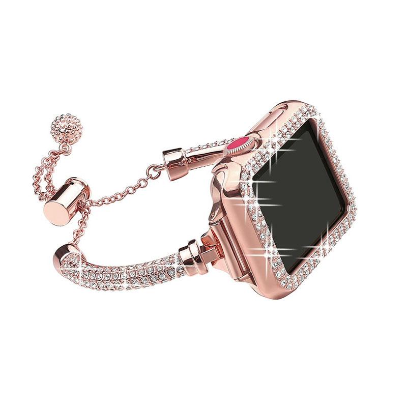 

For Apple Watch Series 7 45mm Bracelet Metal Shiny Rhinestone Decor Smart Watch Band+Hollow Out PC Watch Cover Case Rose Gold