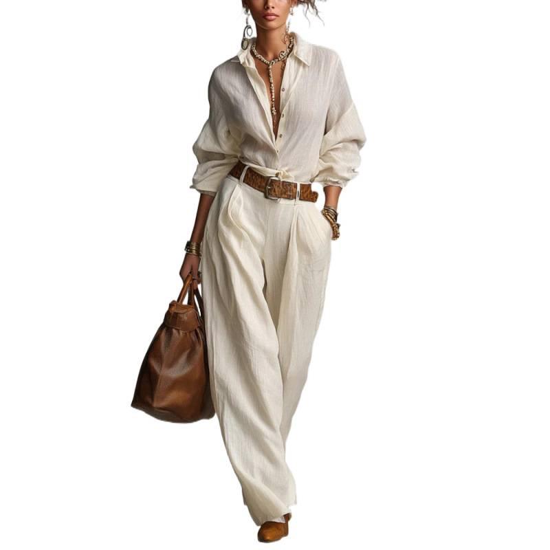 Women's Solid Color Long Sleeve Button Shirt & Pocketed Pants Set - 2025 Fashion