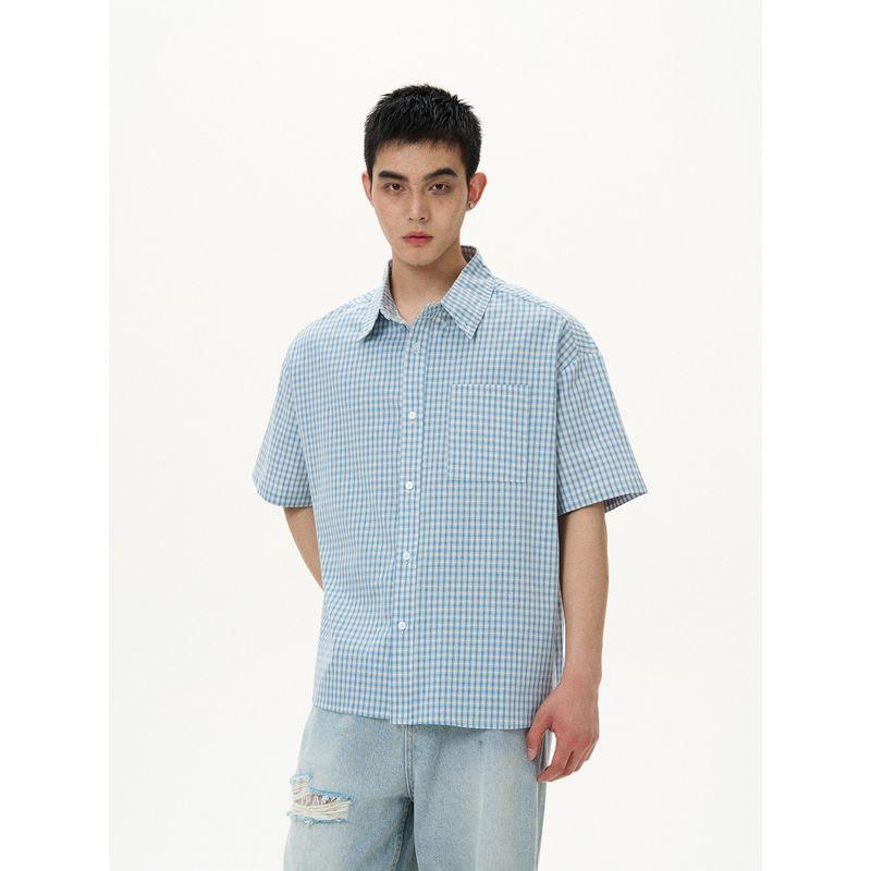 Kisko American Retro Lazy Light Blue Plaid Short-Sleeved Shirt for Men and Women, Cool and Casual Cleanfit Shirt