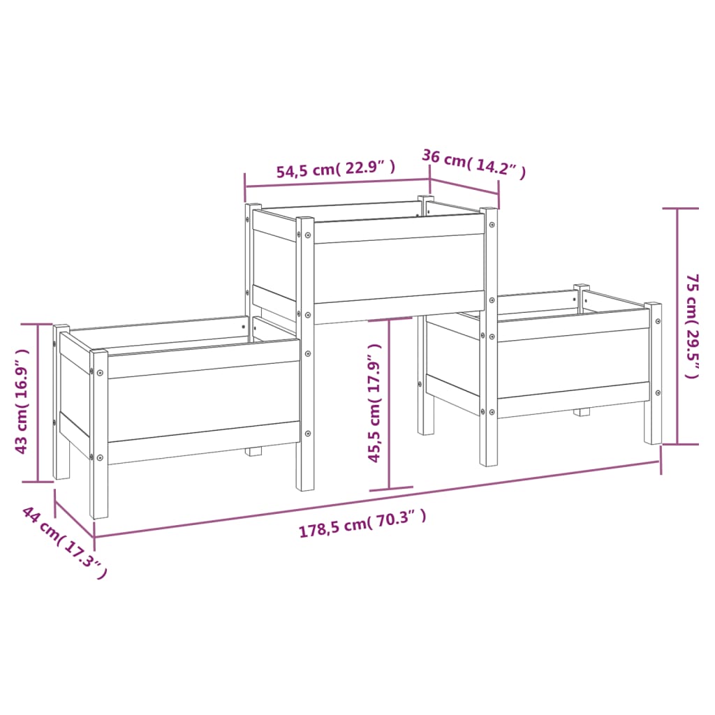 Black Plant Box 178.5 X 44 X 75 Cm Solid Pine Wood