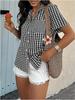 2026 Spring/Summer Women's Retro Plaid Loose Short-Sleeve Lapel Shirt