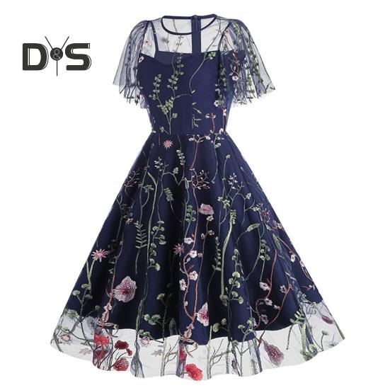 Women Evening Dress Double-layer Flower Embroidery Mesh A-line Big Swing Short Sleeves O Neck Back Zipper Closure Prom Party Midi Dress