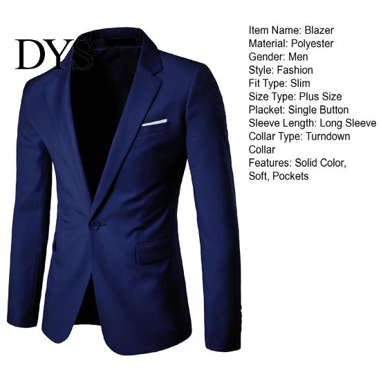 Suit Jacket Men Blazer Single Button Solid Color Turndown Collar Lapel Plus Size Slim Pockets Coat for Office Male