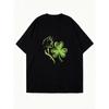 Oversized T Shirt Black Cat And Clover Print Casual Streetwear For Women