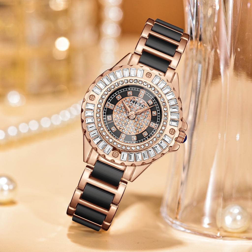 Imitation Ceramic Quartz Watch for Women Minimalist Rhinestone Dial Wristwatch