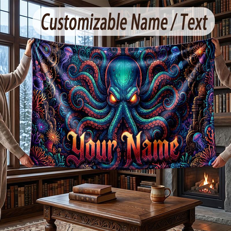 Octopus Sea Life Theme Throw Blanket Custom Name Text Personalized Blanket Soft Cozy Blanket for Home Sofa Bed