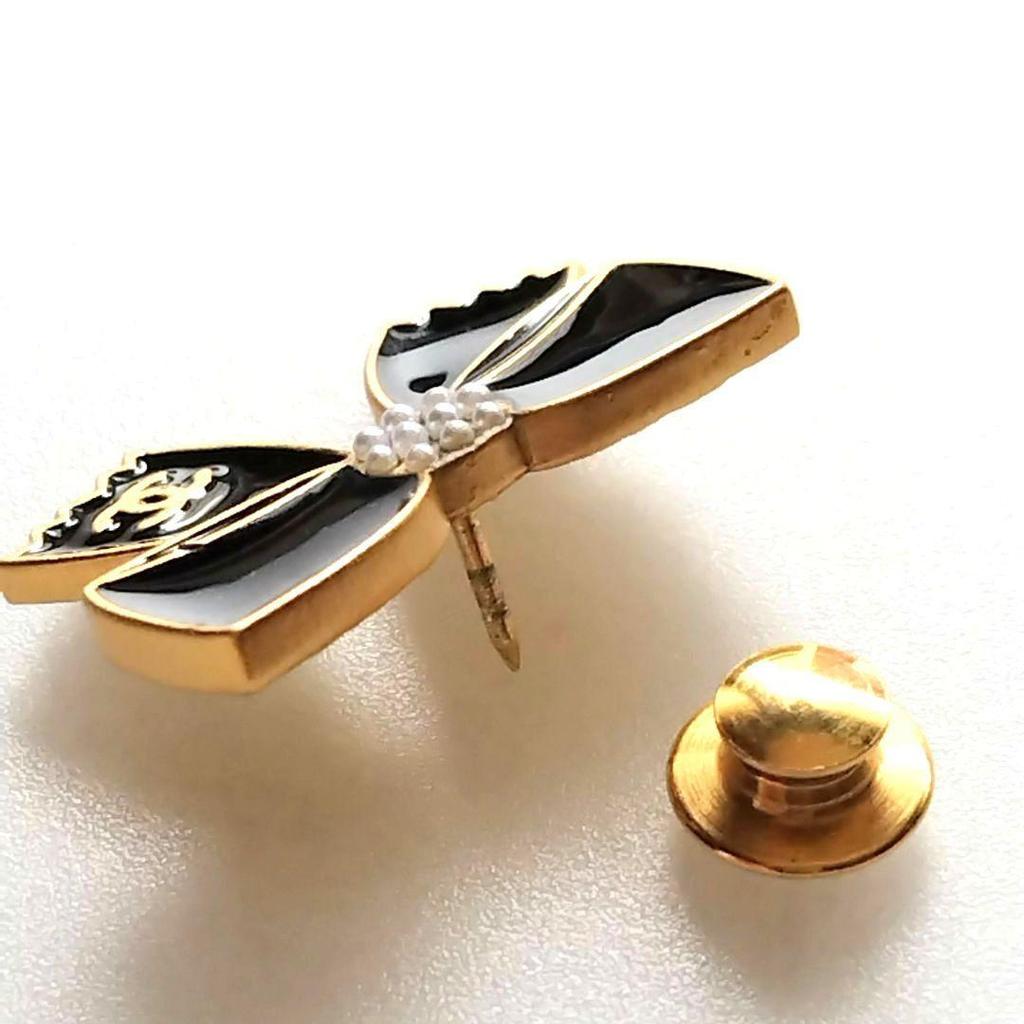 Used Chanel Ribbon Pin Brooch Coco Mark Pearl Black Gold