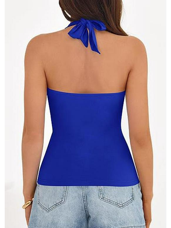 Women's Solid Color Sleeveless V-neck Halter Backless Top - Summer Style