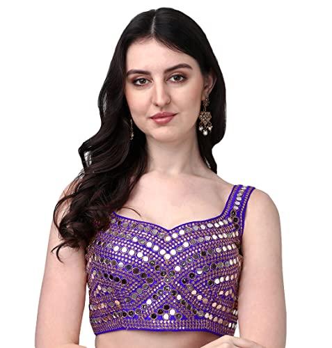 Pujia Mills Women'S Embroidery Work Real Mirror Sleeveless Readymade Blouse Royal Blue Color (V-Mirror_Royal Blue_32)