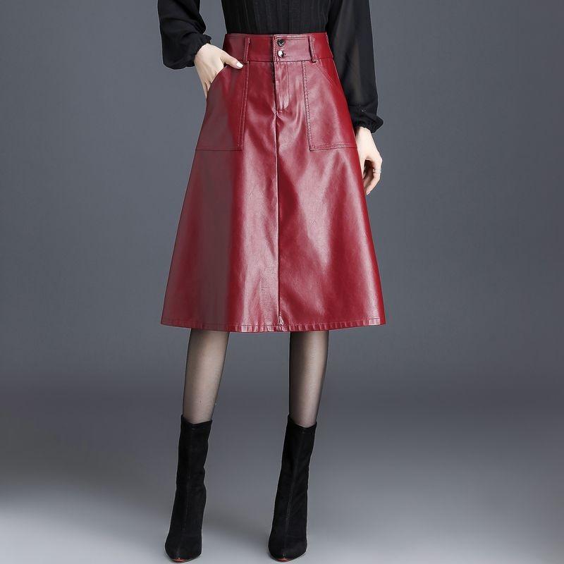 Medium and long simple pu leather skirt, autumn and winter new high-waisted commuting fashion A-shaped leather skirt