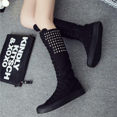 Fashion Female Thigh High Boots Women Flat Heel Canvas Shoes Boots Fashion Rivet Punk Zipper Boots Comfortable Women Long Boots 34-43