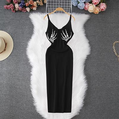 Summer Women Sexy Spaghetti Strap Print Punk Knitted Sweater Mini Short Slim Bodycon Sheath Pullover Dresses