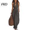 Slimming Long Skirt Dress Women Halter Neck Pleated Maxi Dress, Deep V Sleeveless Drapey Beach Vacation Sundress, Summer Flowy with Pockets