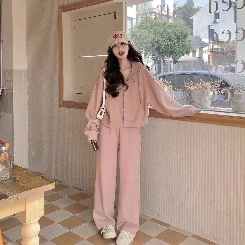 2024 Women's College Style Cotton Hoodie & Wide-Leg Pants Set - Spring/Autumn Casual Wear