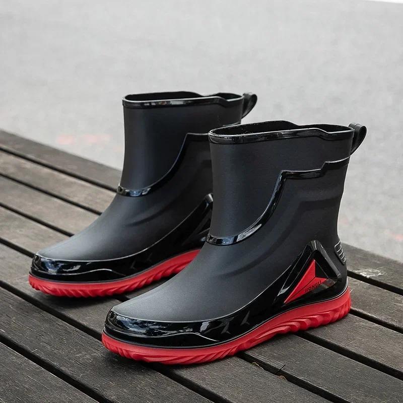 High Quality Rain Boots for Men, Drawstring Waterproof Shoes, Mid-length Anti-slip Rain Boots, Plus Fleece Rubber Boots for Work