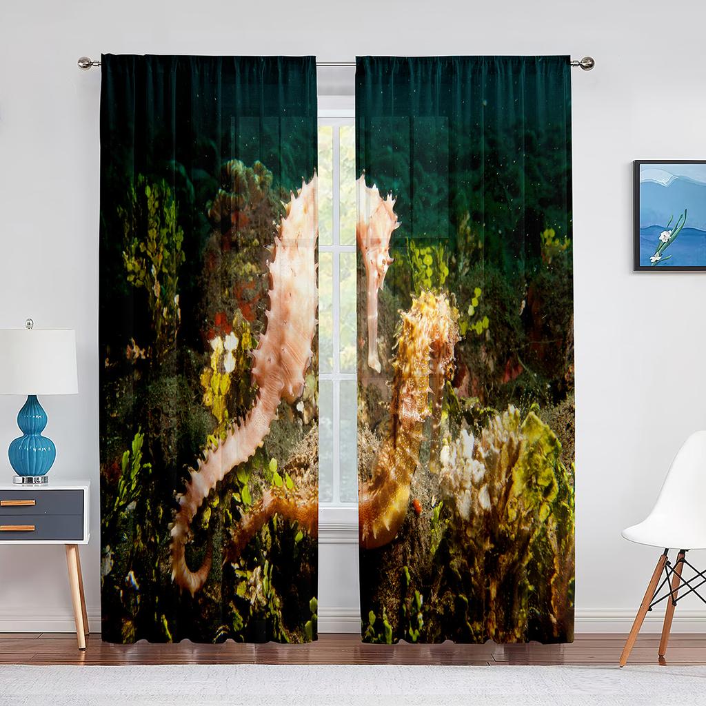 Ocean Seahorse Blue Sheer Voile Curtain Underwater Marine Life Window Tulle Curtains for Living Room Bedroom Kitchen Decoration
