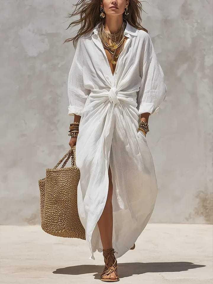 2026 Women's Solid Color Shirt Collar Long Sleeve Pocket Cardigan Dress