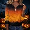 Women's Casual Halloween Pumpkin Print V Neck Button Front Three Quarter Sleeve T Shirt Top for Fall Seasonal Wear