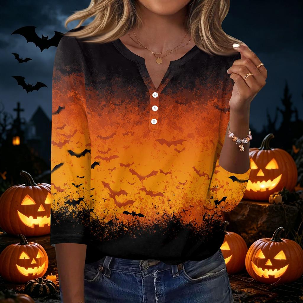 Women's Casual Halloween Pumpkin Print V Neck Button Front Three Quarter Sleeve T Shirt Top for Fall Seasonal Wear