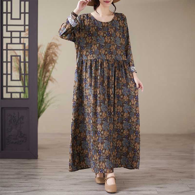 Printed Round Neck Loose Plus Size Long Sleeve Plus Cover Up Dresses