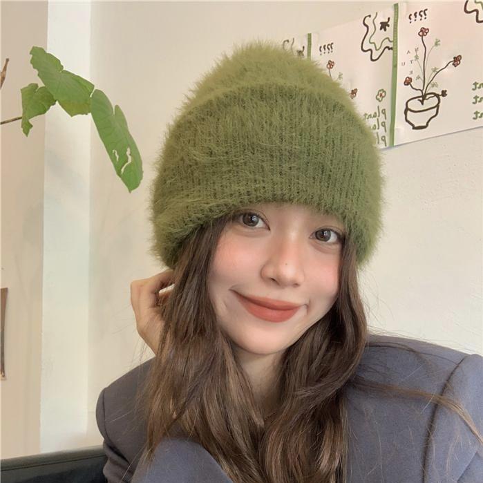 Women Winter Soft Faux Mink Fur Knitted Beanie, Japanese & Korean Style Warm Thick Cashmere-Like Rolled Edge Hat, Cozy Fluffy Purple Knit Cap
