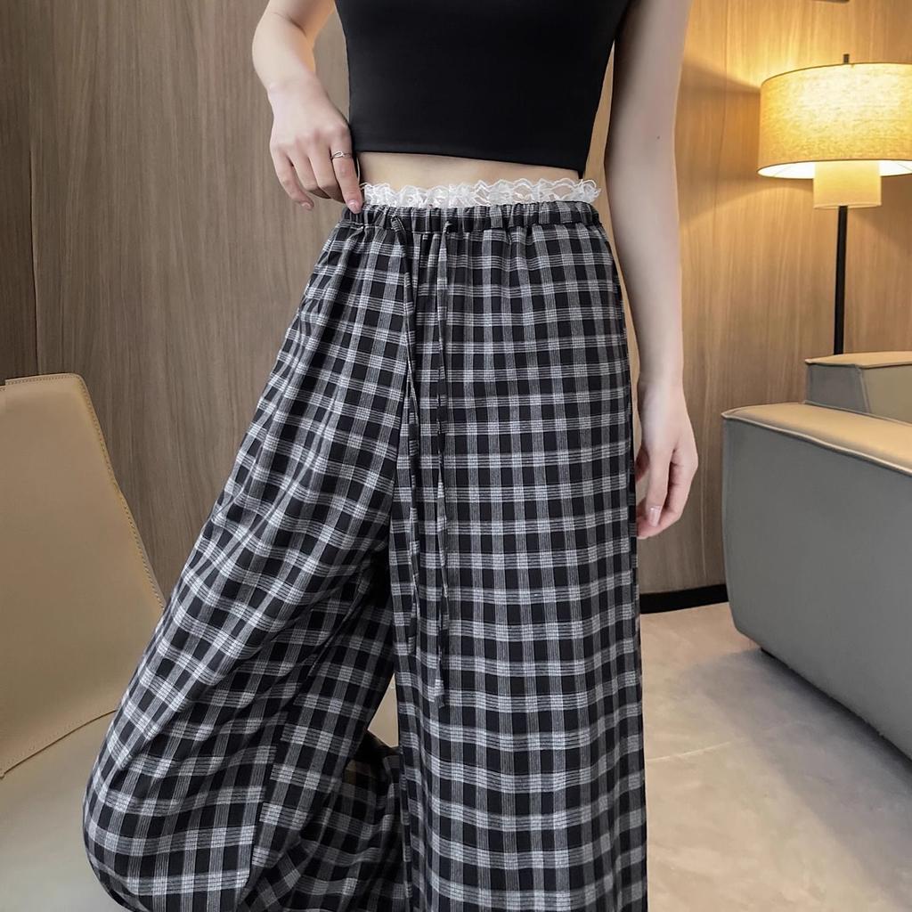 Korean Lace Plaid Casual Pants for Women In Summer Loose Wide-leg Pants for Slim High Waist Straight Floor Trousers