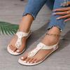 Ladies' solid color flat sandals, with open toe strap and adjustable elastic strap, and metal decorative sandals for comfortable