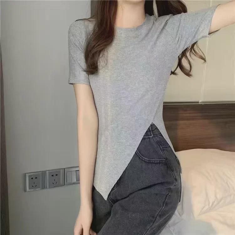 2024 Summer Trendy Slim Black Side-Slit T-Shirt - Women's Chic Short-Sleeve Top
