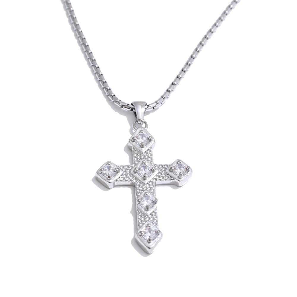 Yhpup Exquisite Shiny Cubic Zirconia Cross Classic Necklace Pendant for Women Stainless Steel Chain Temperament Jewelry Gift