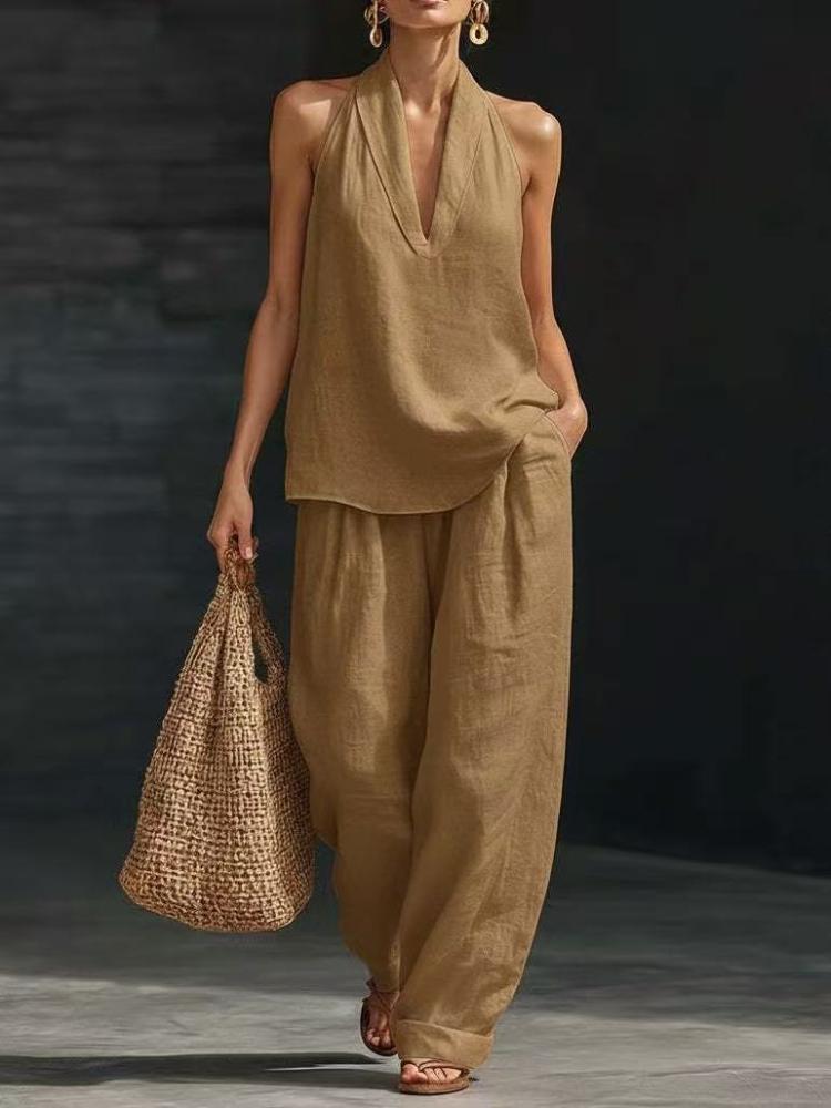 2er Set 2026 Damen Urlaubsstil und Leinen-Hals-Set Damen Lockerer V-Ausschnitt Ärmelloses Oberteil Weite Hosen Zweiteiliges Set