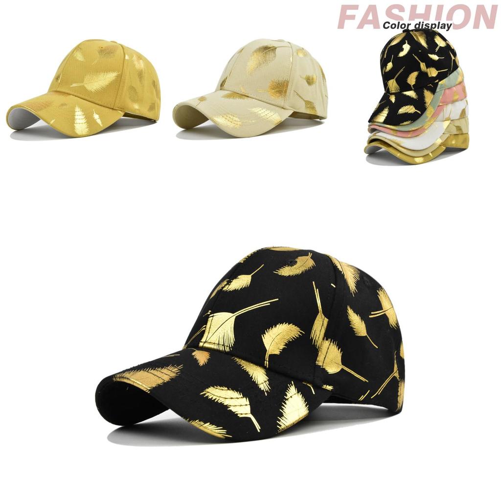 Summer Adjustable Cotton Baseball Cap With Gold Leaf Print Round Top And Curved Brim In Various Colors