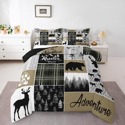 Bondgård Landsbygd Björn Älg Sängkläder Queen Size, Skog Vintage Trädekor Täcke Jakt Camping Äventyr Tematiska Sängkläder