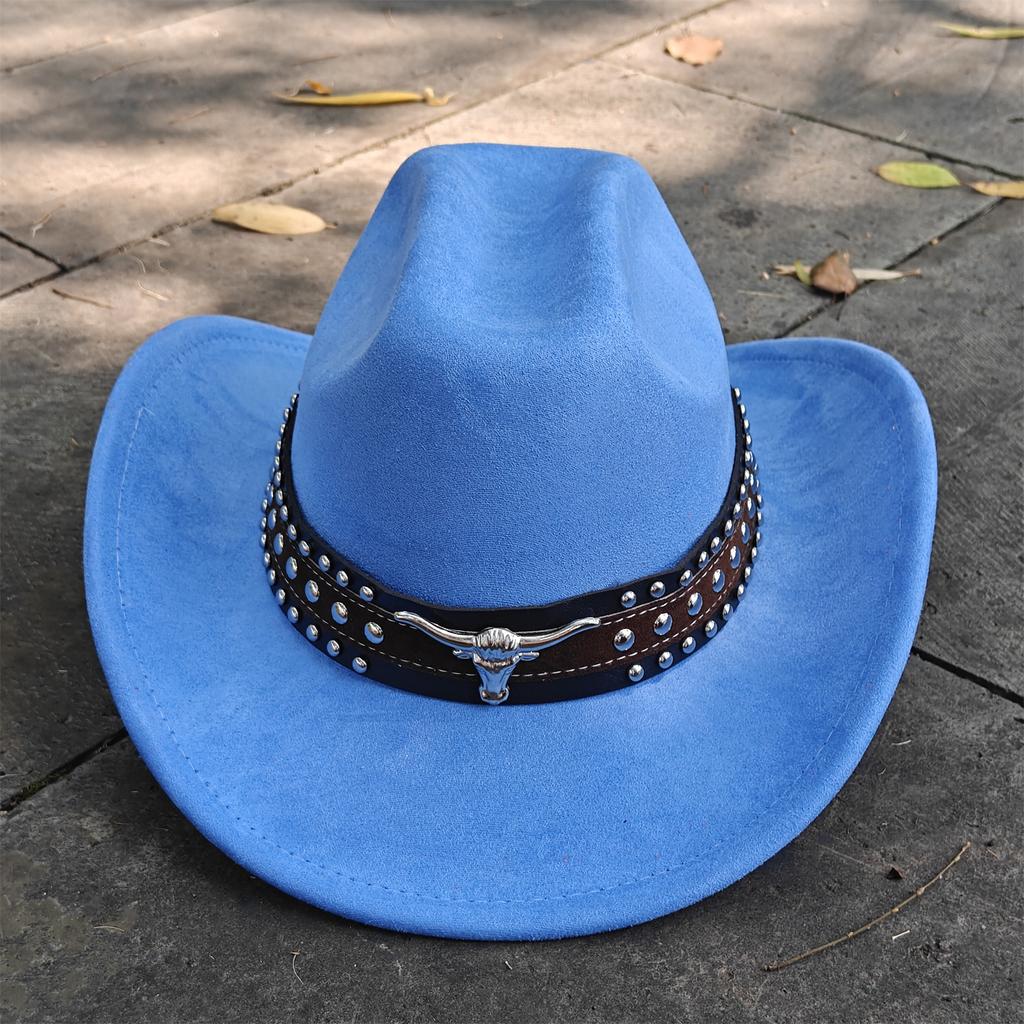 Retro Suede Leather Western Cowboy Fedora Hat For Men Women Bull Head Accessories Fashion Travel Party Hat Denim Hat Sombrero