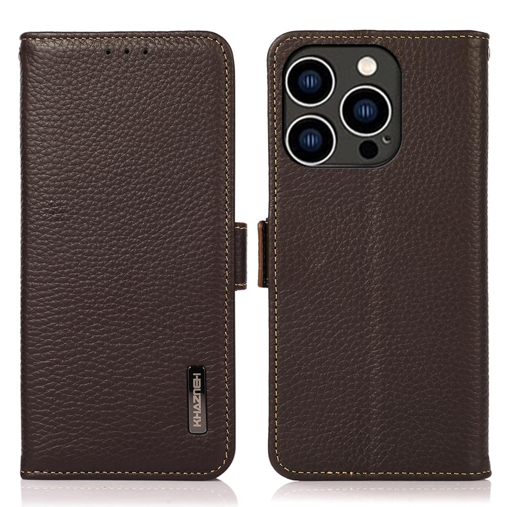 

KHAZNEH For iPhone 15 Pro RFID Blocking Phone Case Stand Wallet Genuine Cow Leather Phone Cover Brown