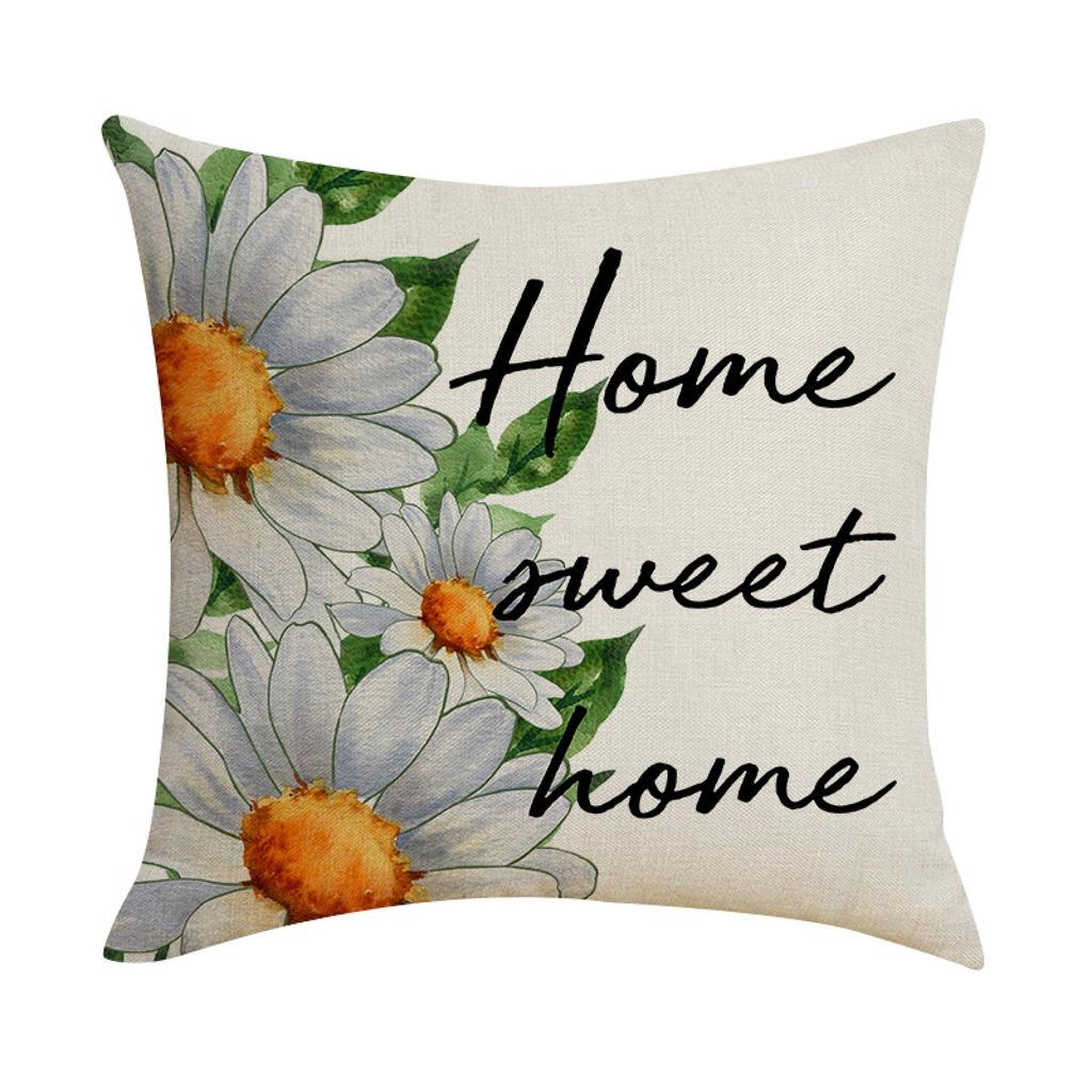 Linen Throw Pillow Cover with Daisy Floral Print and Home Sweet Home Text 45x45cm Decorative Cushion Case for Sofa Bed Living Room