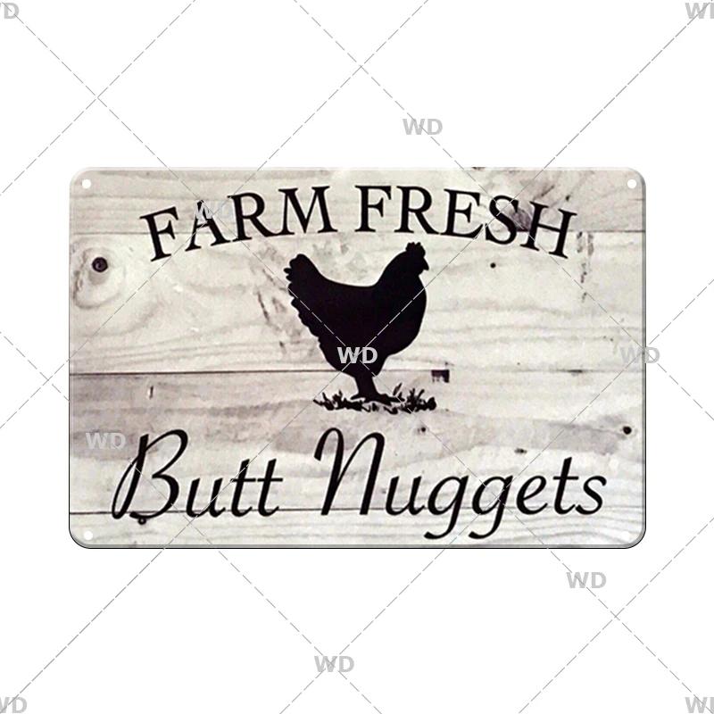 Metallskyltar Färska Ägg Fluffy Butt Hut Kyckling Retro Plåtskylt Vintage Rolig Utomhus Väggplakett Trädgård Gårdsskyltar Hönshus Dekor