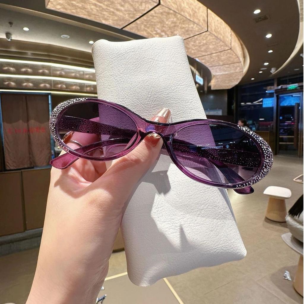 New Elliptical Small Frame Sunglasses Fashion Women's Sun Shading Travel Purple Diamond Studded Eyeglasses UV400
