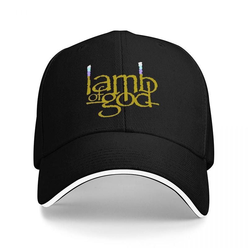 Lamb of God Logo Embroidered Black Baseball Cap with White Trim Classic Adjustable Fit for Music Fans and Metal Enthusiasts