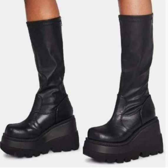 Fashion Wedge heel small tube thick bottom long boots motorcycle rider boots not above the knee big head slim high boots
