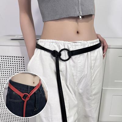 Punk Gothic Long Knotted Belt for Women PU Leather Round Buckle Hip Hop Thin Waist Belt Jeans Pants Decorative Waistband