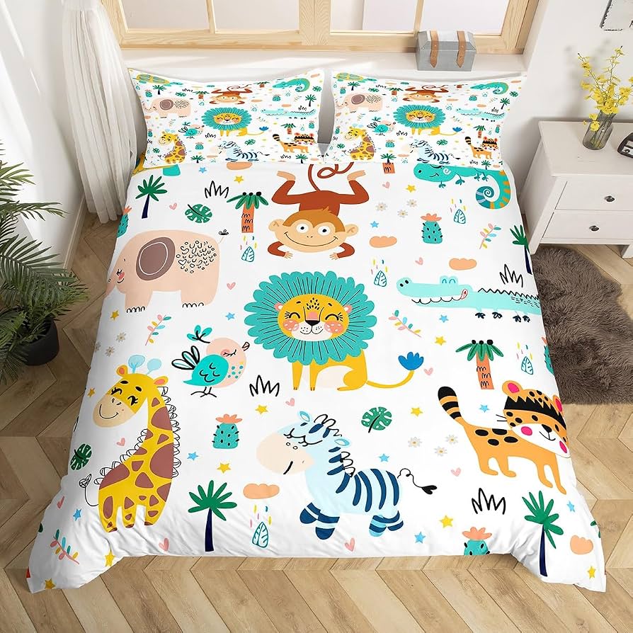 Kids Cartoon Animal Twin Queen King Duvet Cover,Forest Animals Bedding Set, Farmhouse Woodland Comforter Cover For Girls Teens