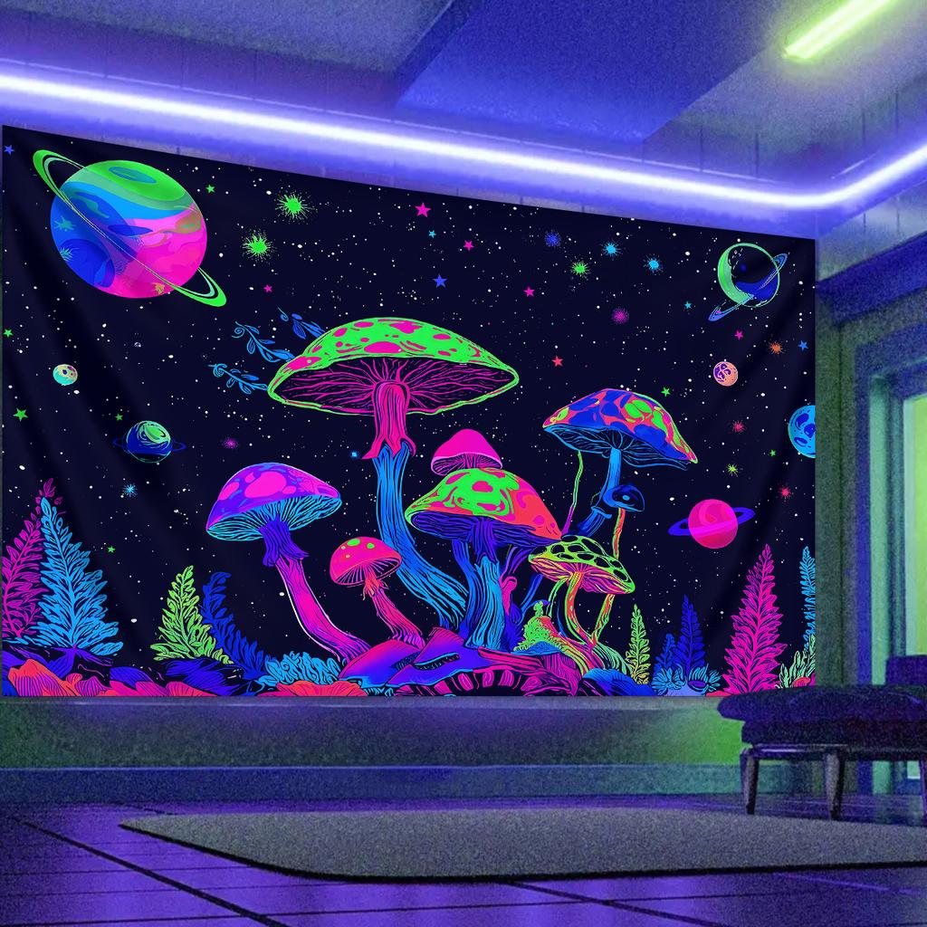 1pc Fluorescent Mushroom Moon Tapestry, UV Black Light Fantasy Plant Starry Sky Tapestry, Home Decoration Wall Hanging