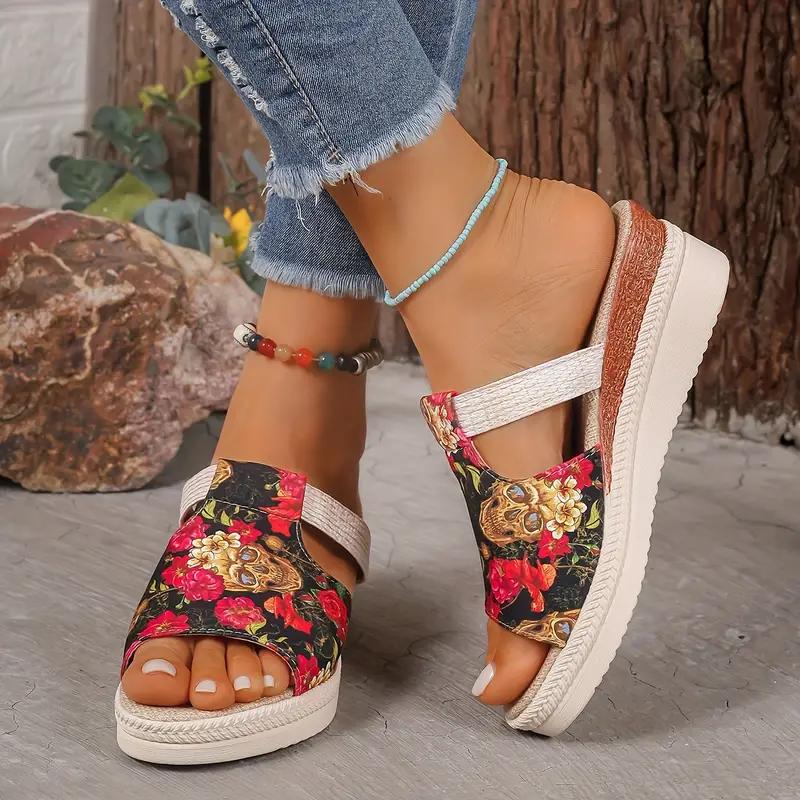 

Женские сандалии с принтом черепа, цветные плетеные шлепанцы на платформе для отдыха на море, пляжные шлепанцы на танкетке для Хэллоуина 43 красный