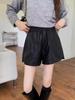 Kumikumi Design Women's PU Leather Wide-Leg Pants, High Waist, Elastic Waist, Autumn Style Slimming Shorts.
