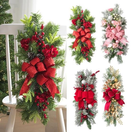 Christmas Stair Garland with Faux Snow Pine Cones Ribbon Realistic PVC Christmas Wreath for Indoor Decor Staircase Door Mantel Decoration