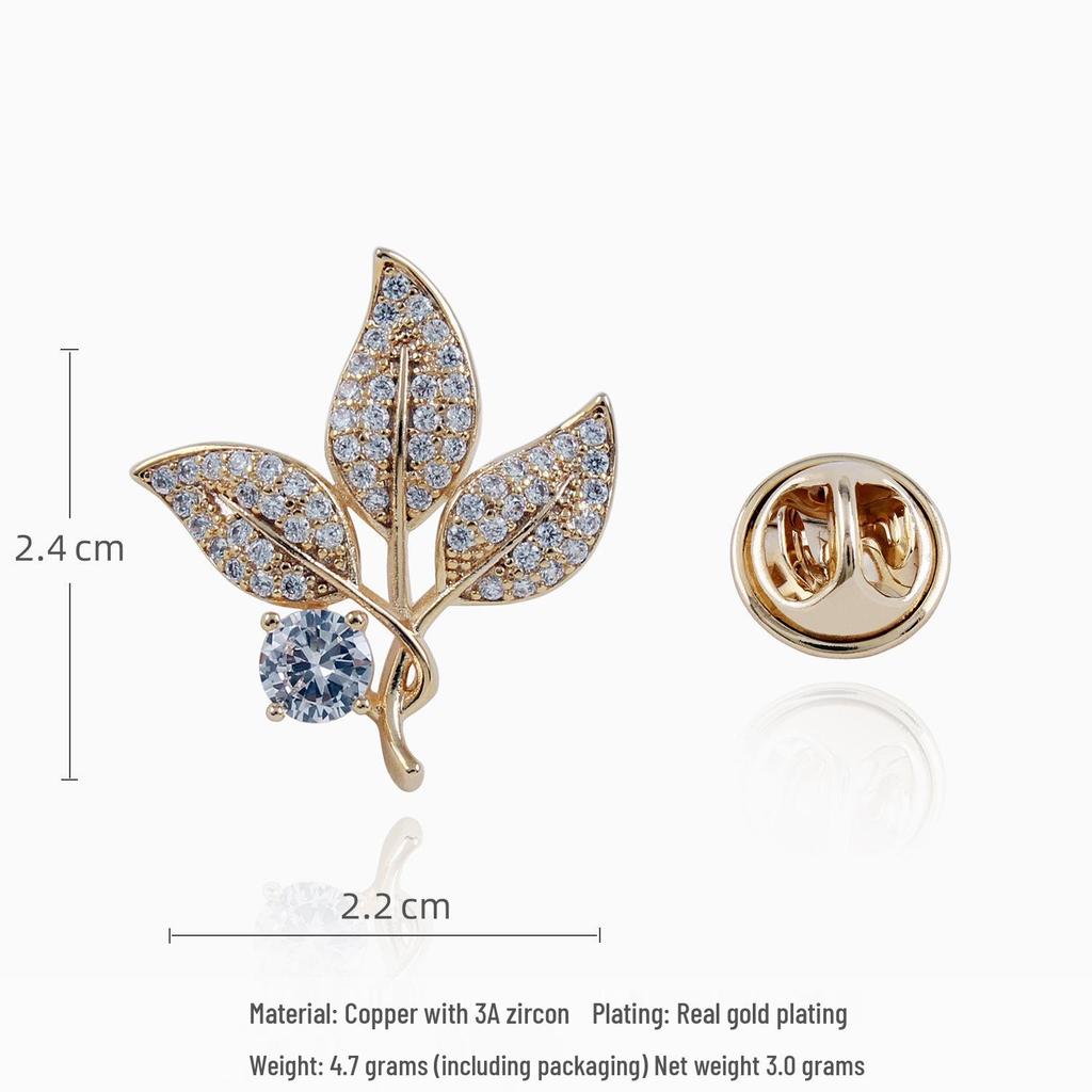 Elegant Unisex High-End Gold-Plated Leaf Brooch with Zircon
