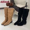 Mode Mode Flock Damen Kniehohe Stiefel Mit Blockabsatz Schuhe Damen Slip On Damen Moderne Lange Stiefel Schuhe Große Größe 43