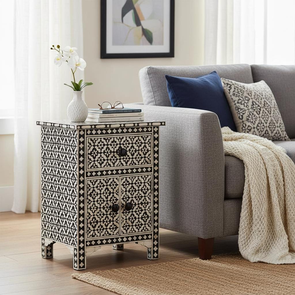 Bone Inlay Bedside Cabinet Geometric Nightstand with Drawer & Doors | Handicrafted Bone Bedside Desk Bedroom Furniture | Bone side table