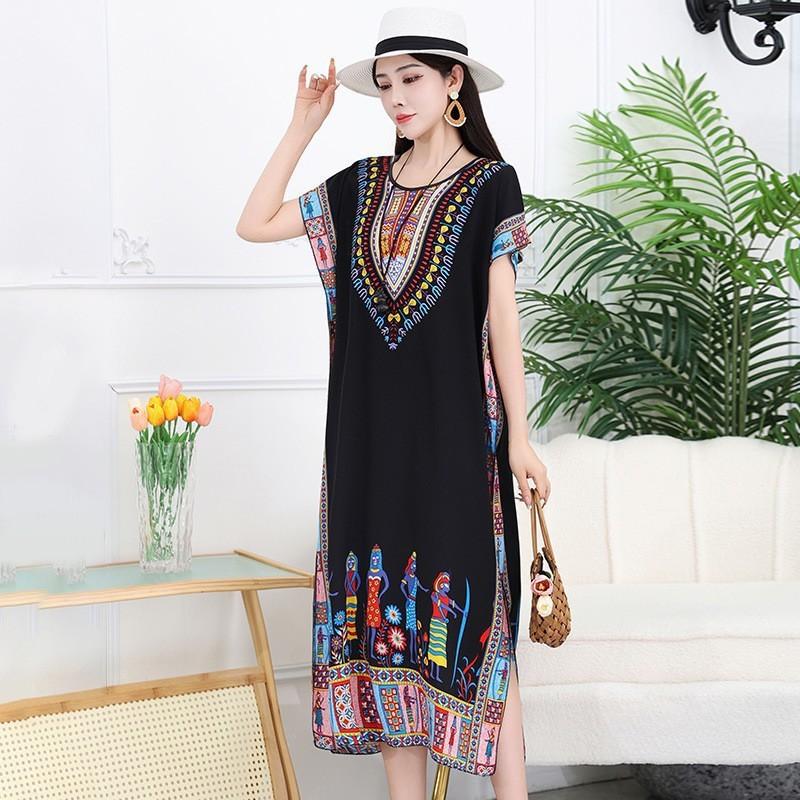Casual Elegant Bohemian Printed Ethnic Style Retro Floral Woman Summer Street Wear Batwing Sleeve Loose Tunic Maternity Dress
