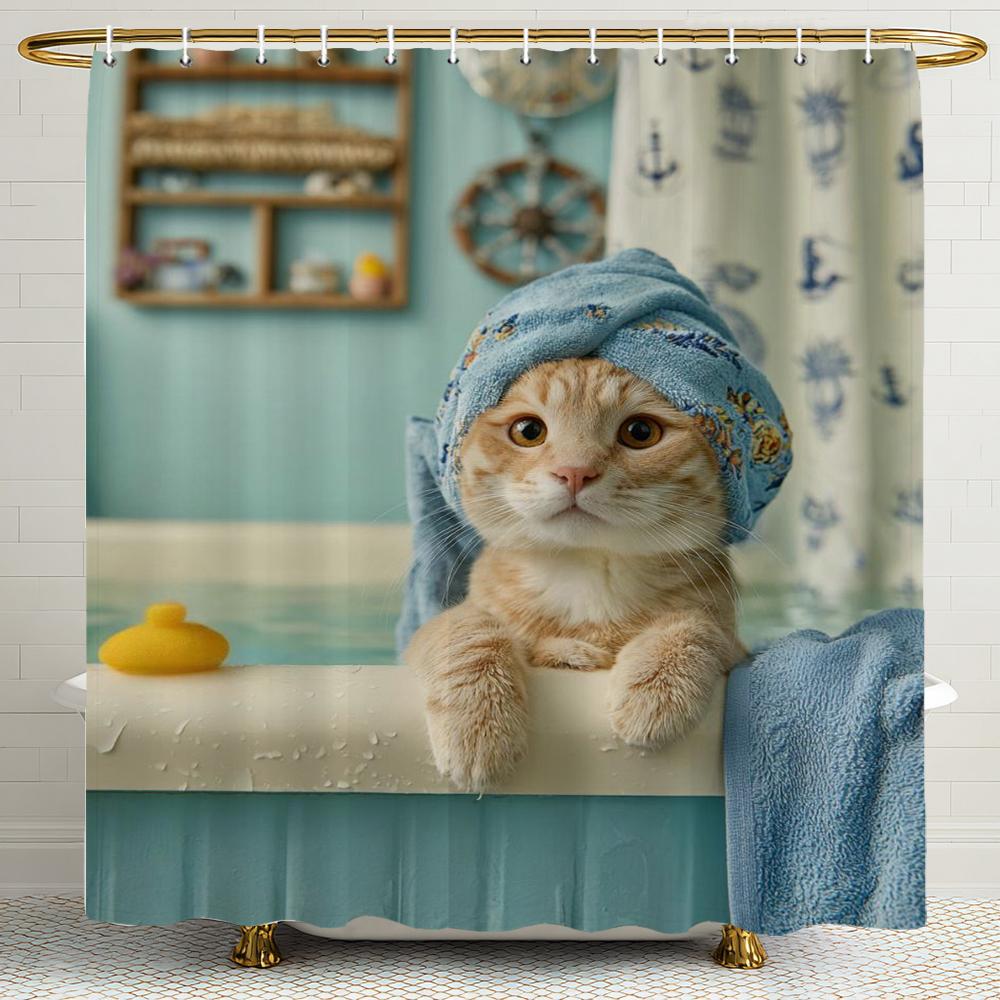 Funny Bathing Cat In Bathtub Shower Curtain, Bathroom Decorative Cartoon Cat Cartoon Shower Curtain Printed Fabric With Hooks